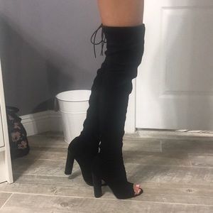 Black suede knee high peep toe boots